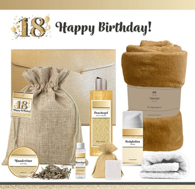 Geschenkset “18 Jaar Happy Birthday!” - 8 producten - 1210 gram - Triomf Cosmetica | Cadeau Verjaardag Achttien Luxe wellness cadeaubox Giftset voor Haar Gefeliciteerd Douchegel Cadeaupakket Gift Set Party Sweet Eighteen Verjaardagscadeau Koper Goud