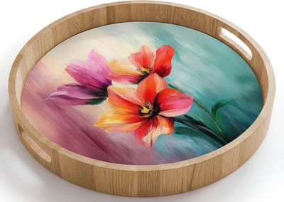 Dienblad rond 40x40 cm - Schootdienblad hout - Tulpen - Lichtreflecties - Kleurverloop - Borrelplank rechthoek - Plateau houten dienbladen