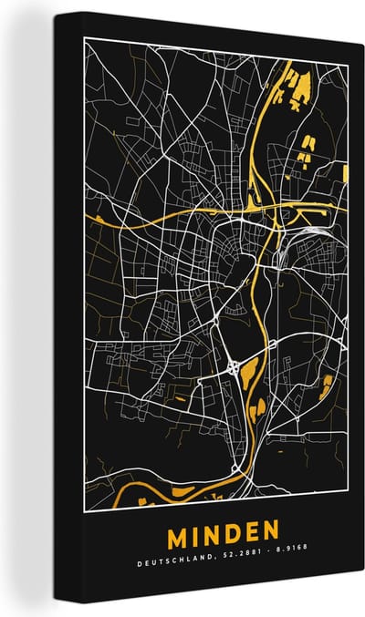 Canvas Schilderij Kaart – Plattegrond – Stadskaart – Minden – Duitsland – Goud - 20x30 cm - Wanddecoratie
