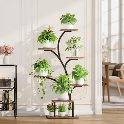 Famanu - Plantenstandaard met kweeklampen, 7 gelaagde plantenplank voor binnen, 124,5 cm hoekplantenstandaards, metalen bloemendisplayplanken, boomvormig plantenrek voor thuis, terras, zwart