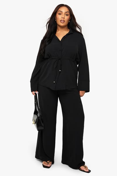 boohoo Dames Plus-geweven Tie Waist Shirt & Trouser Co-ord | Zwart | Maat: 50