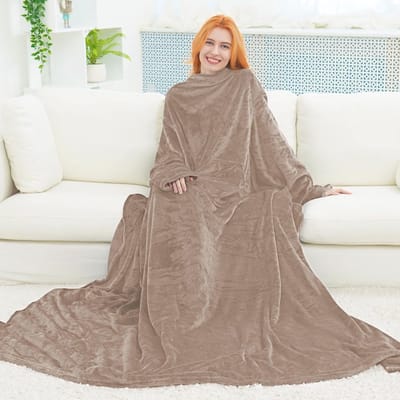Gooi Plaid met Mouwen - Fleece Dekentje 170 x 200 cm met Zakjes voor TV en Bank, Beige