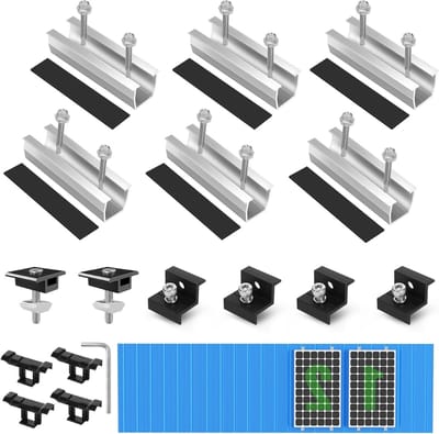 Montageset voor Zonnepanelen - Bevestiging voor 2 Modules, 12 cm Rail, Waterafvoer, Clips 30 mm en Verstelbare Klem voor Dikke Modules op Plat Dak en Trapeziumvormige Daken