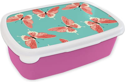 Broodtrommel Roze - Lunchbox - Brooddoos - Vlinders - Roze - Patroon - 18x12x6 cm - Kinderen - Meisje