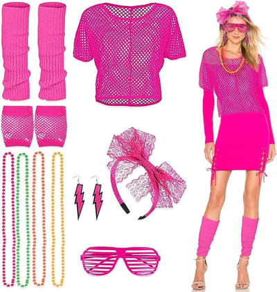 80s Fancy Dress Up Kostuum Accessoires voor Vrouwen - 10-delige Set met Visnet Shirt, Neon Bril, Haarband, Ketting, Handschoenen en Beenwarmers voor Halloween en Feestjes