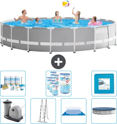 Intex Rond Prism Frame Zwembad - 610 x 132 cm - Grijs - Inclusief Pomp - Ladder - Grondzeil - Afdekzeil Onderhoudspakket - Filters - Vloertegels