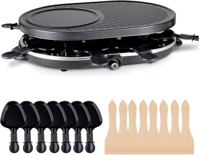 Raclette Grill - Tafelgrill Set - Gezellig Eten - Voor 8 Personen - Incl. 8 Pannetjes - Zwart