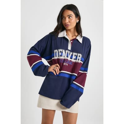 boohoo Dames Varsity grafische frontcontrast rugbytop | Marineblauw | Maat: 34