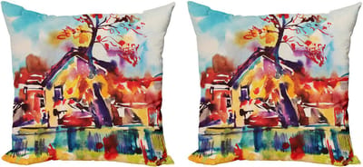 ABAKUHAUS decoratieve kussenhoez 2-pack, abstract landelijk dorp, 50x50 cm, meerkleurig