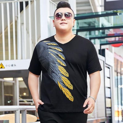 T-shirt Imprimé Grande Taille Homme Grande Taille 200 Livres Gros Ventre Col Graine de Melon Section Fine T-shirt Jeunesse Fond de Robe Été 7XL noir