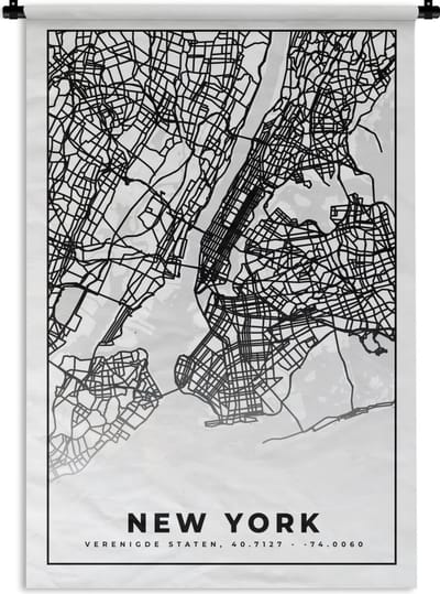Wandkleed - Wanddoek - New York - Stadskaart - Zwart Wit - Plattegrond - Kaart - 120x180 cm - Wandtapijt