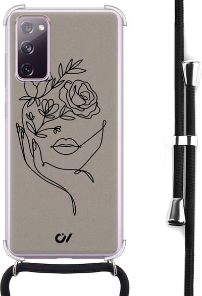 Telefoonhoesje met koord geschikt voor Samsung S20 FE - Oneline Face Flower - Inclusief koord - Transparant, Bruin - - Crossbody beschermhoes - Met Telefoonketting