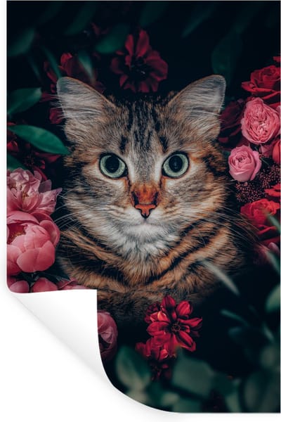 Muurstickers - Sticker Folie - Kat - Bloemen - Dieren - Botanisch - 20x30 cm - Plakfolie - Muurstickers Kinderkamer - Zelfklevend Behang - Zelfklevend behangpapier - Stickerfolie