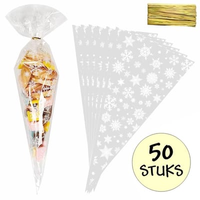 50x Cellofaan Puntzakken Sneeuwvlok 30x16cm - Puntzak Snowflake - Traktatie Zak - Uitdeelzak - Snoepzak - Sneeuwvlokken Design - Inclusief Sluitstrips - 16x30cm - 50 Stuks