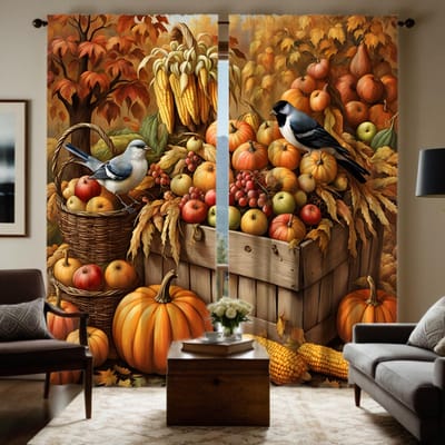 2 stuks set HD oogstseizoen groente fruit Pompoen vogel decoratief gordijn Geel lint digitaal bedrukt gordijn Huisdecoratie W52H63inchW132H160cm black
