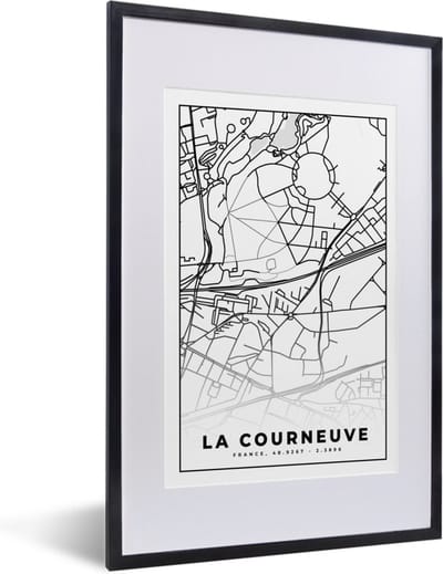 Fotolijst incl. Poster Zwart Wit- Stadskaart - Plattegrond - Kaart - Frankrijk - La Courneuve - Zwart wit - 40x60 cm - Posterlijst
