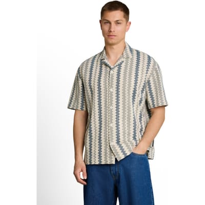 Tom Tailor Denim - Loose fit resort-shirt met korte mouwen in haaklook - Maat M - green white zick zack stripe