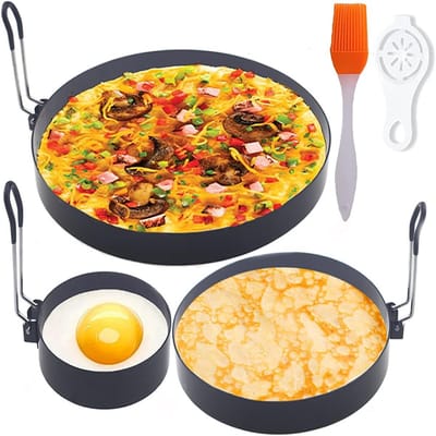 Peysaitr - Kookringen set - 8/6/4 inch Kookring - RVS - inklapbare handgreep - met olieborstel & ei scheider - Geschikt voor het maken van pizza, pannenkoeken, spiegeleieren - 5-delige set
