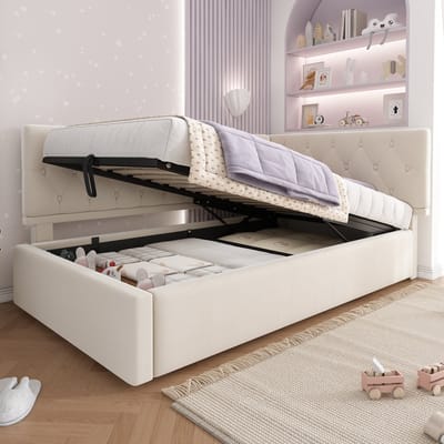 DESMIU Gestoffeerd Dagbed 90x200 cm – L-Vormig Ontwerp Met Hydraulische Opbergruimte – Links Of Rechts Monteerbaar – Jeugd Slaapkamer – Fluweel – Beige – Zonder matras