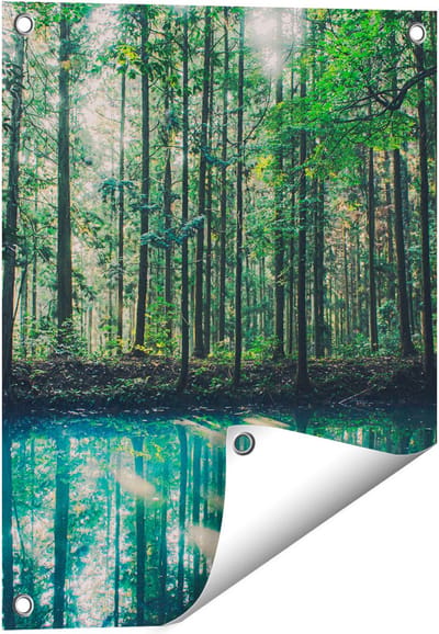 Gards Tuinposter Bos bij een Groen Meer - 40x50 cm - Tuindoek - Tuindecoratie - Wanddecoratie buiten - Tuinschilderij