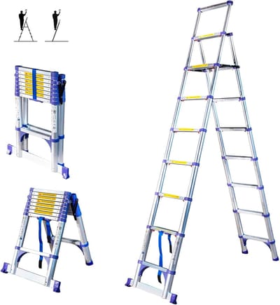 Telescopische Ladder - Opvouwbare Trapladder - Klus Hoogte - 9 Treden Aluminium - Max 4.1 Meter - Zilver