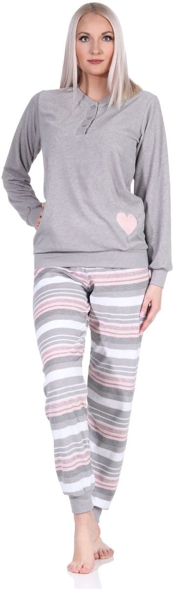 Mooie dames badstof pyjama lange mouw met manchetten en hartjesmotief en gestreepte broek