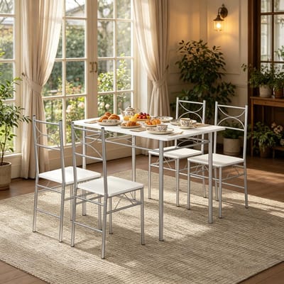 MODENUIT Eetkamerset 110 x 76 x 70 cm - Tafel met 4 Stoelen - Voor Eetkamer en Balkon - MDF Metaal - Wit Zilver