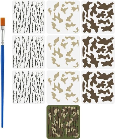 Pack van 9 Herbruikbare Camouflage Sjablonen met Kwast, 30x30cm, Ideaal voor Houtbewerking en Schilderen, Creatieve Stencils voor Diverse Projecten