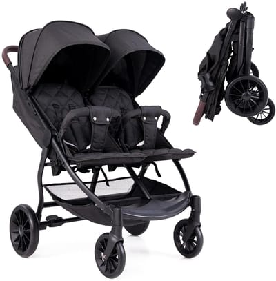 Dubbele kinderwagen naast elkaar, opvouwbare broer en zussenwagen met mand, dubbele buggy voor baby's van 0-3 jaar, rugleuning met 3 posities, belasting 15 + 15 kg (donkergrijs)