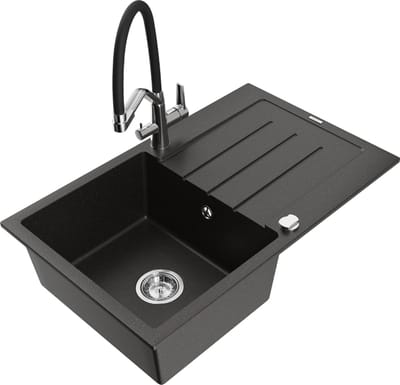 Mexen Bruno granieten gootsteen 1-kompartment met afdruiprek en keukenmengkraan Duo, zwart/goud metallic - 6513-75-671701-07