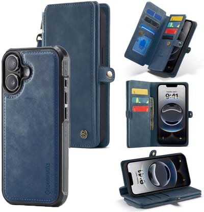 Casemania Hoesje Geschikt voor Apple iPhone 17 - Navy Blue - Geschikt voor MagSafe - Luxe Kunstlederen 2 in 1 Portemonnee Book Case met Extra Vakken