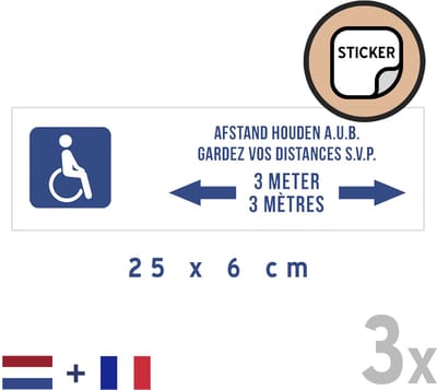 Pictogram/ stickers (3x) (small model) | "Afstand houden a.u.b./ Gardez vos distances s.v.p. - 3 meter/ 3 mètres" | 25 x 6 cm | NL + FR | Gehandicapt | Invalide | Frans | Rolstoelgebruiker | Rolstoel | Invaliditeit | Rol stoel | Sticker | 3 stuks