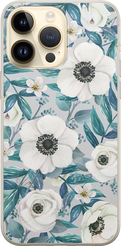 Leuke Telefoonhoesjes - Hoesje geschikt voor iPhone 14 Pro Max - Vlinders - Soft case - TPU - Bloemen - Blauw, Wit