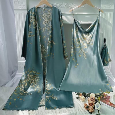 Print Bloemen Lange Kimono Badjas Gewaad Lente Zomer Dames Nachtkleding Nachthemd & Gewaad Set Sexy Nachthemd met Spaghettibandjes Satijn Huiskleding M gray