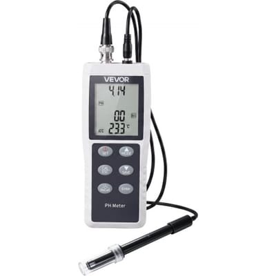 VEVOR pH-meter, meetbereik 0–14, waterdichte sonde (IP68), automatische 3-puntskalibratie, draagbare testerset met kalibratiepoeder, temperatuursonde en draagtas, voor drinkwater en hydrocultuur.