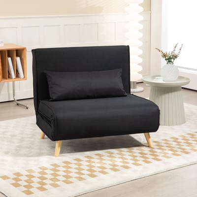 MODFU - Slaapstoel 2-In-1 - Verstelbare Rugleuning - Scandinavisch Ontwerp - Voor Woonkamer Of Logeerkamer - Hout En Polyester - Zwart