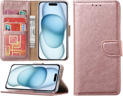 Hoesje Geschikt voor iPhone 15 Plus – portemonnee bookcase met pasjeshouder – Rosegoud