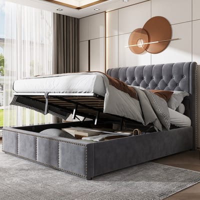 Gestoffeerd tweepersoonsbed met hydraulische opbergbox - Slaapkamer en logeerkamer 160x200 cm - Grijs fluweel - Hoog hoofdeinde 102,5 cm - Stijlvolle nietenversiering - Inclusief lattenbodem - 300 kg draagvermogen