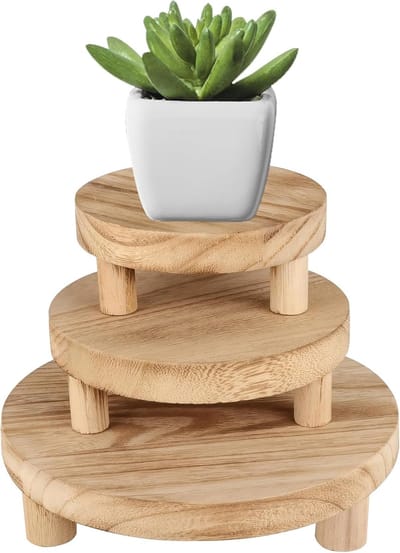 3 stuks, rond, houten plantenstandaard voor binnen en buiten, met drie verschillende diameters (15 cm, 20 cm, 25 cm), houten bloemenkruk met afneembare poten, voor terras, tuin, wonen