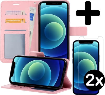 Hoesje - Met 2x Screenprotector - Geschikt voor Apple iPhone 12 - Luxe Pasjeshouder - Flip Case - Bookcase Portemonee - Kunstleer Book Case - Flipcase Hoes - Book Cover - Walletcase - Portemonneehoes - Telefoonhoes - Lichtroze