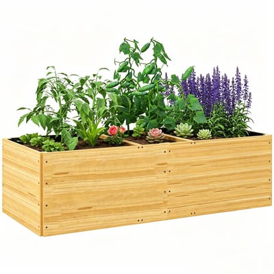 ECTEATOY® Houten Plantenbak - Moestuinbak voor Buiten - 3 Compartimenten met Worteldoek - Voor Groenten, Kruiden en Bloemen - Tuin, Terras & Balkon - 140x60x40 cm - Natuurlijk Hout