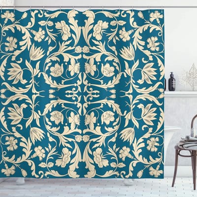 ABAKUHAUS douchegordijn – Chinese stijl – 175 × 200 cm – Petrolblauw en crème, inclusief haken