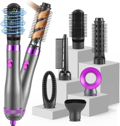 6-in-1 Haarstyler en Blazerborstel met 1000 W - Draagbare Haardrogerkam en Automatische Krultang