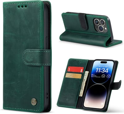 Casemania Echt Leren Hoesje Geschikt voor Apple iPhone 14 Pro - Groen - Leer Wallet Hoes - Portemonnee Book Cover met Pasjeshouder