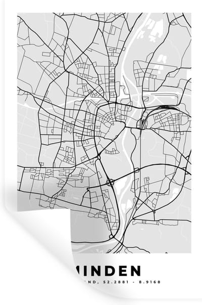 Muurstickers - Sticker Folie - Duitsland - Plattegrond - Minden - Kaart - Stadskaart - 20x30 cm - Plakfolie - Muurstickers Kinderkamer - Zelfklevend Behang - Zelfklevend behangpapier - Stickerfolie