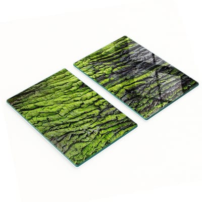 Twee decoratieve snijplanken van gehard glas met boomschorsmotief, 2x40x52 cm