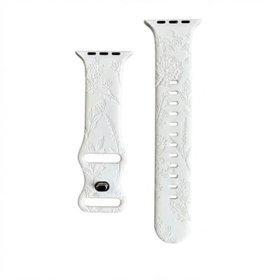 Gegraveerd wit horlogebandje smartwatch dames met bloemen reliëf en gesp Geschikt voor Apple Watch 38 mm / 40 mm / 41 mm / 42 mm (serie 10 / 11) zachte band met gaatjes vervangende watch band