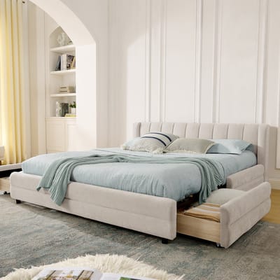 Wishdor Tweepersoonsbed - 140 x 200 cm - 4 Opberglades - USB en Type-C - Ergonomisch Hoofdbord - Chenille - Beige - Zacht en Functioneel