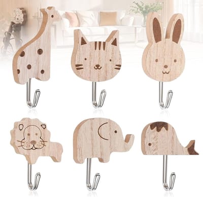 6 Stuks Schattige Dieren Kledinghaken, Zelfklevende Houten Wandhaken voor Kinderkamers, Ideaal voor Kleding en Speelgoedopslag
