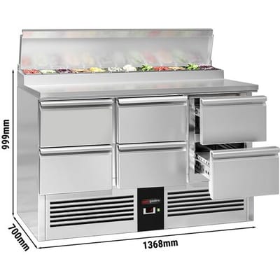 GGM Gastro Zubereitungstisch Mini PREMIUM - 1368mm - 6 Schubladen - 8x GN 1/6 Zilver